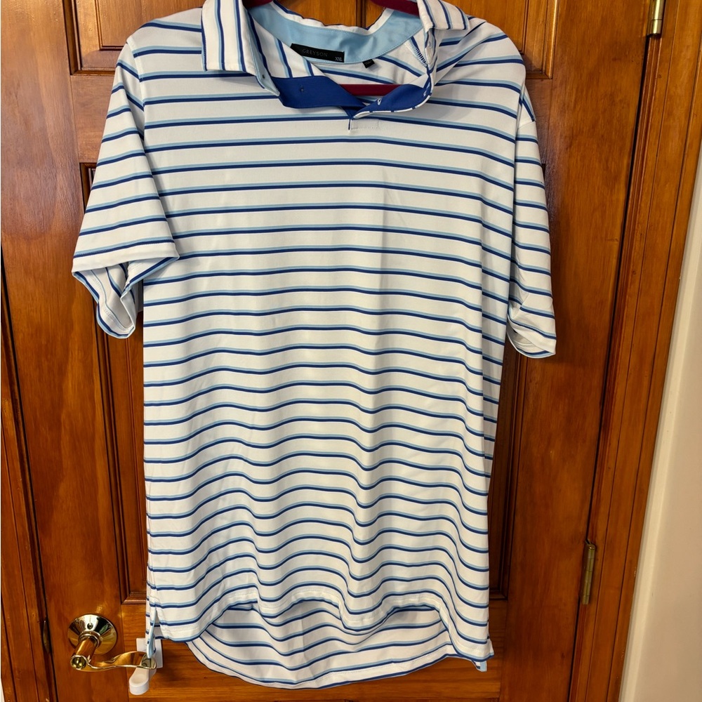 Greyson Blue and White Striped Polo Shirt